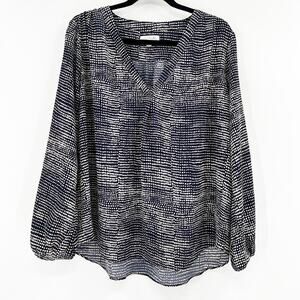 NWT Nine Britton Women's Blue White Polka Dots Long Sleeve Blouse Top Size L